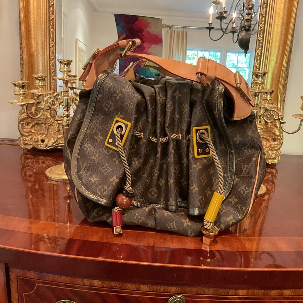 Louis Vuitton Dark Brown Kalahari GM Monogram Bag with Tan and Yellow Accents